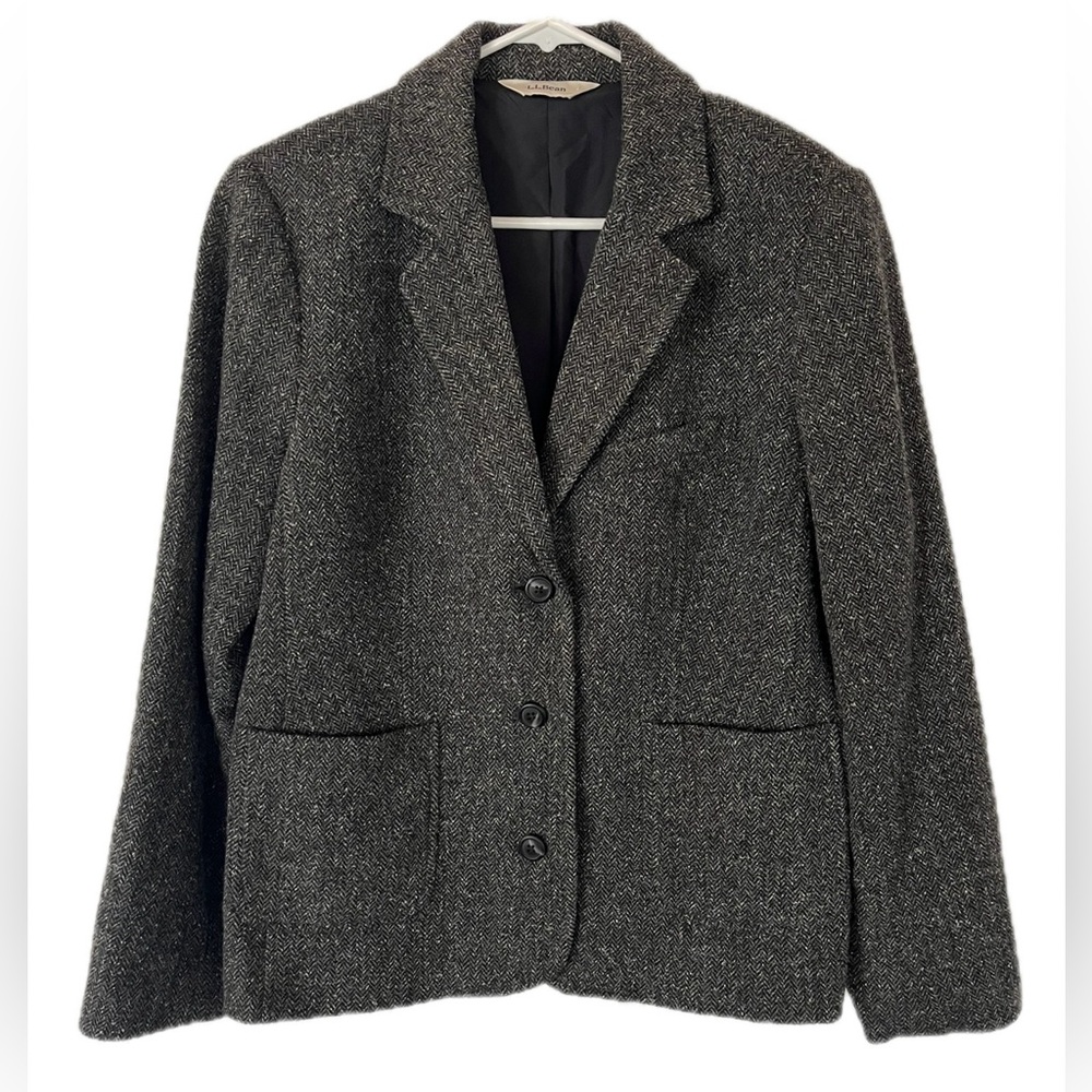 L.L. Bean Women's Charcoal Gray Herringbone Wool Blazer XL Silk Blend Pockets